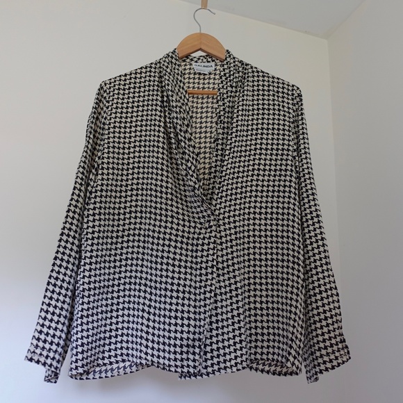 100% Silk Vintage Houndstooth Cowl Neck Blouse - Picture 1 of 3